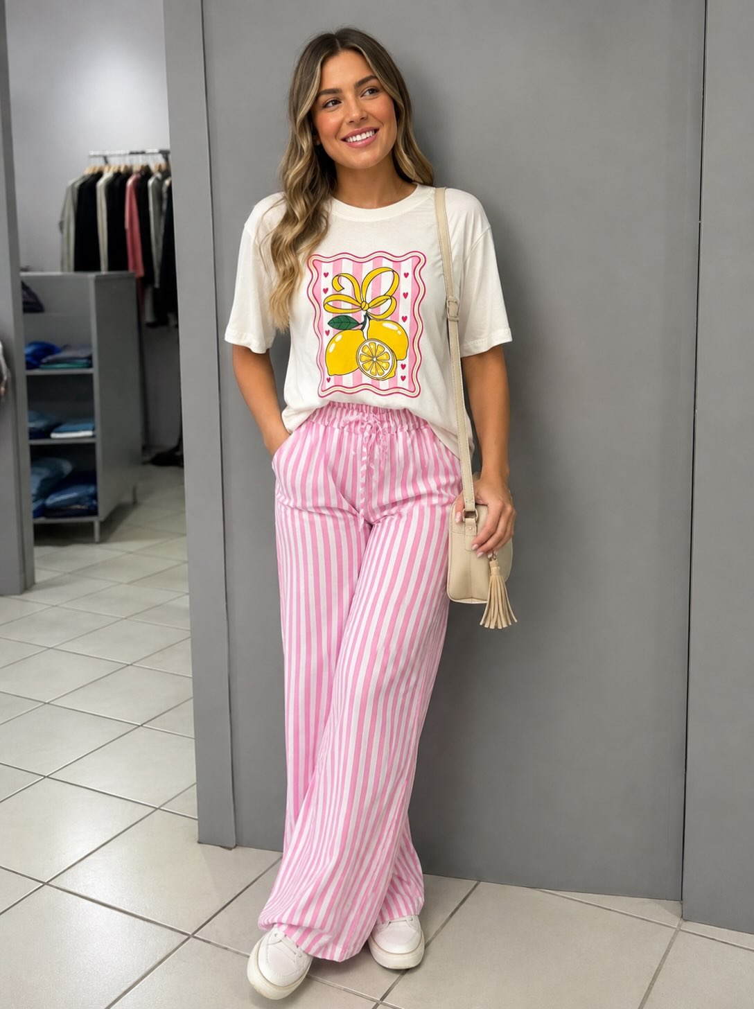Look de camiseta estampada e calça listrada da publicação Pulsar